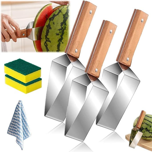 2026 Stainless Steel Watermelon Slicer, Wooden Handle Triangle Watermelon Cutter, Creative Stainless Steel Melon Slicer for Honeydew & Large Watermelons (3PC)