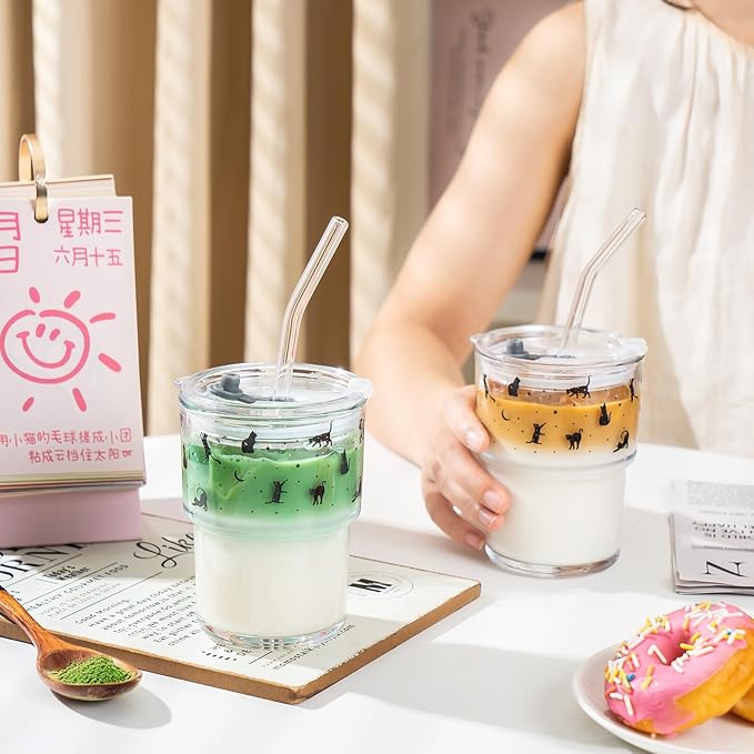 Olvini 13oz Glass Tumbler with Straw and Lid, Reusable Iced Coffee Cup Tumbler, Cute Glass Cups for Water, Matcha, Travel Coffee Mugs (Black Cat - 13oz)
