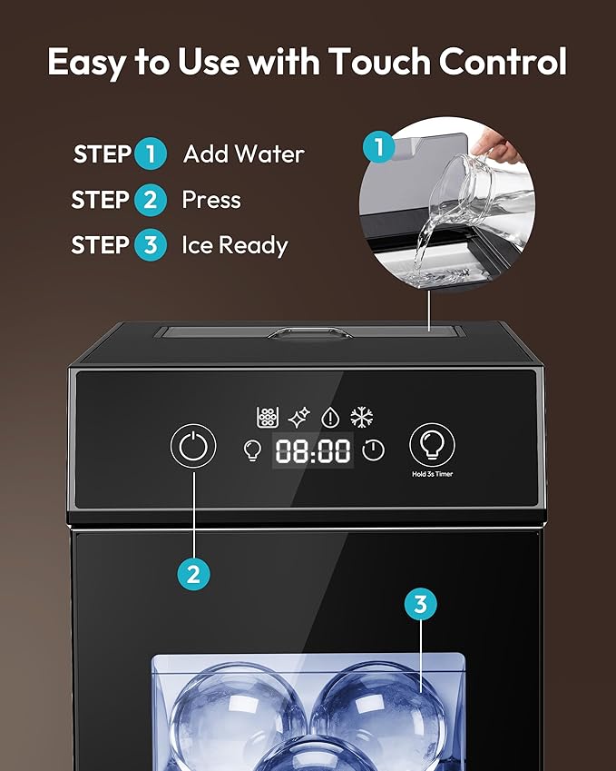 EUHOMY 2.4" Ice Ball Maker Countertop, 2Pcs Ready in 60Mins, 48Pcs/Day, 8H Timer, Self-Cleaning Sphere Ice Maker Machine with Crystal Clear Ice, Round Ice Cube Maker for Whiskey & Bourbon