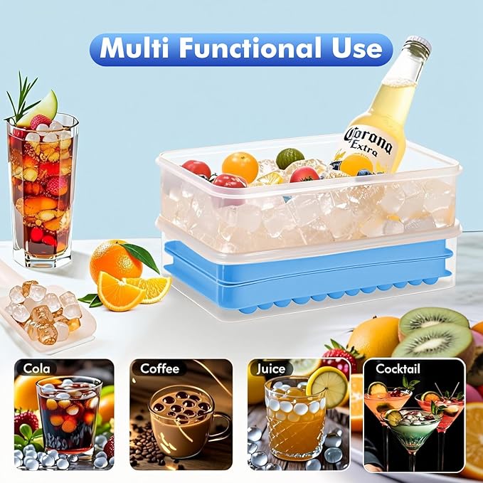 2 Pack Ice Cube Tray with Lid and Bin,Round Ice Cube Trays for Freezer, BPA-Free Circle Mini Ice Maker for Whiskey Cocktail Soda,Home & Bar Use