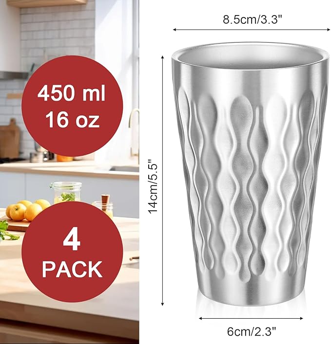 4 Pack Stainless Steel Double Wall Cups, 16 oz Insulated Tumbler, Unbreakable Stackable Water Tumblers Insulated Metal Cup Premium Drinking Glasses for Travel Camping Home Outdoor