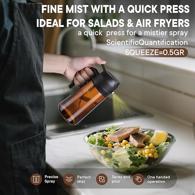 16oz/470ml Olive Oil Sprayer for Cooking, 2 in 1 Oil Dispenser Bottle Spray and Pour with Stickers, Premium Dark Brown Glass Oil Bottle for Air Fryer and Salad