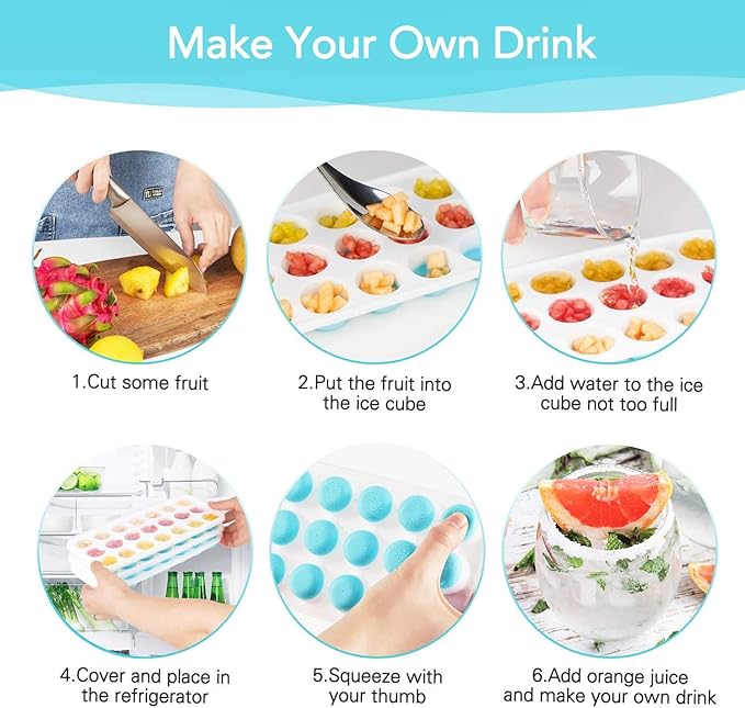 Ice Cube Trays with Lids BPA Free, 4 Pack Easy Release Silicone Ice Cube Trays for Freezer 84 Sphere Ice Tray with Stackable No Spill Lids, Dishwasher Safe, Blue & Green