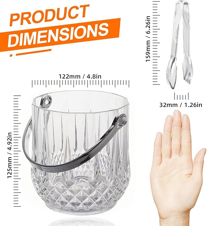 Crystal Ice Bucket with Handle & Tongs-1.1 L Plastic Clear Champagne Ice Buckets for Parties, Beer, Wine, Drinks, Cocktails,-Soda, Mimosa Bar Supplies (Style-B, 37 oz (1.1 L))
