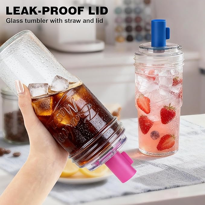 ANOTION Bamboo Mason 24oz Glass Tumbler with Straw Leakproof Lid, Cap Cup Mason Jar 4 Color Caps, Self-Assembly Leak-Proof Lid Straw, Reusable Iced Coffee Cup, Mason Jar Drinking Glass Coffee Gifts