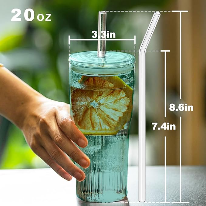 JunVpic Glass Coffee Cups with Lids and Straws, 20 OZ Green Iced Water Glasses Tumblers for Ice Juice, Tea, Milk, Smoothie and Cold or Hot Drinks, Set of 2