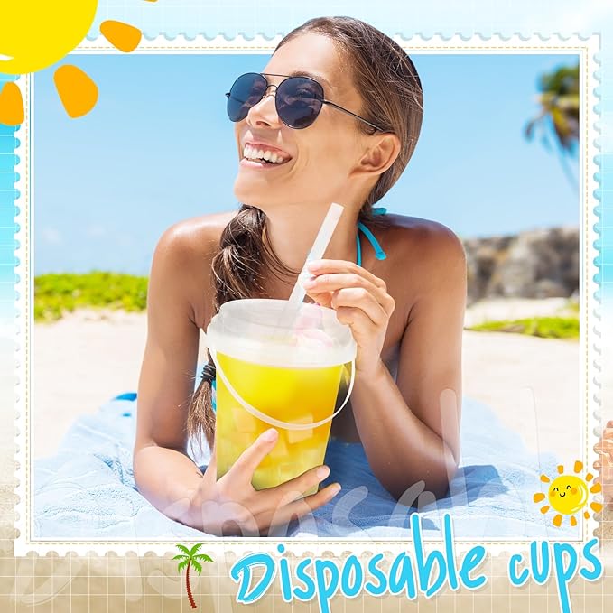Funnymoom 30 Set 34oz Disposable Plastic Drink Buckets with Lids and Straws Frosted Iced Coffee Cups Rum Buckets for Cocktail Parties Smoothie Cup Bulk with Handles for Beach Pool Party Supplies
