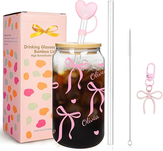 Mason Life Personalized Cups with Bows-Can Shaped Glass with Lids and Straws-18OZ Bow Decor Iced Coffee Cups -Cute Glass Tumbler Birthday Thanksgiving Christmas Gift for Women