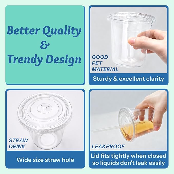 Homestockplus 100 Pack 12 oz BPA-Free Clear Plastic Cups with Lids and Straws - Leak-Proof Disposable Straw Cups, Iced Coffee Cups for Kids Drinks, Smoothies & To-Go Cold Beverages