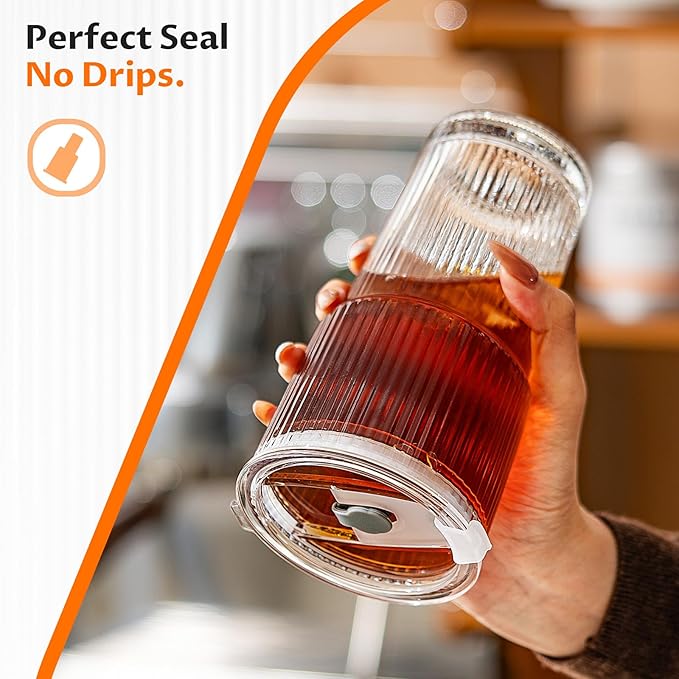 20oz Glass Tumblers with Straws and Lids 2 Pack, Ribbed Glass Cups, Leak Resistant Iced Coffee Cups, Thick Reusable Drinking Glasses, Fits Car Cup Holder, Clear Travel Coffee Cups