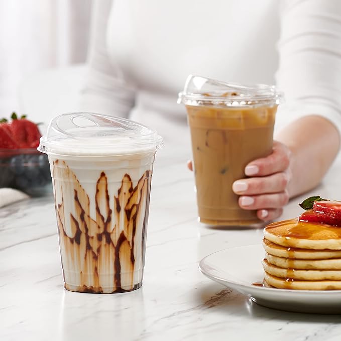GUSTO Clear Plastic Cups with Lids [16 oz - 100 Count] - Disposable Iced Coffee Drink Cups with Strawless Sip Lids for Smoothies, Juices, and More - (Formerly Comfy Package)
