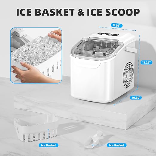 Antarctic Star Countertop Ice Maker, Portable Ice Machine with Carry Handle, 26.5Lbs/24H, 2 Sizes Bullet Ice, 8Cubes in 6 Mins Office/Kitchen/Bar White