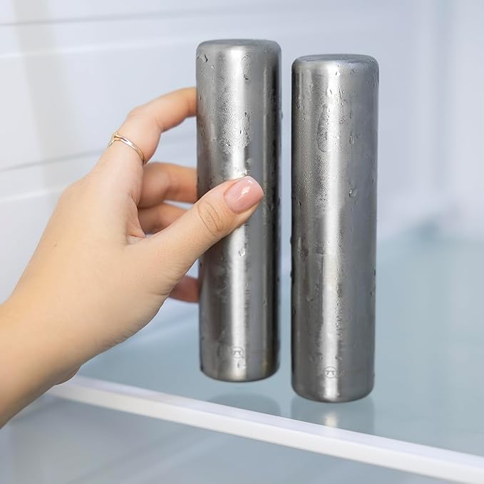 Outset Stainless Steel Cylinder Ice Packs, Set of 2 Reusable Travel and Lunch Box Coolers, 6.3" x 1.6”