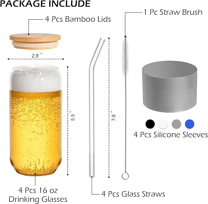 BEWAVE Drinking Glass Set of 4, 16oz Can Shaped Glasses Cups, Iced Coffee Glasses, Beer Tumbler, for Whiskey, Soda, Tea, Juice, Gift, with Lid, Straw