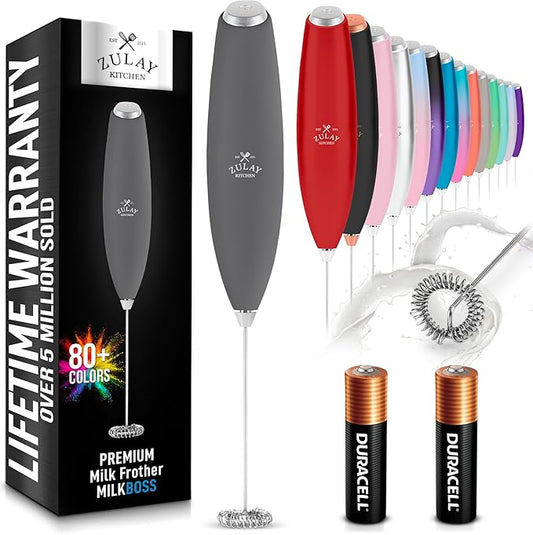 Zulay Kitchen Milk Frother Handheld Electric Whisk with AA Duracell Batteries – Durable Drink Mixer for Coffee, Lattes, Cappuccinos & More - Charcoal