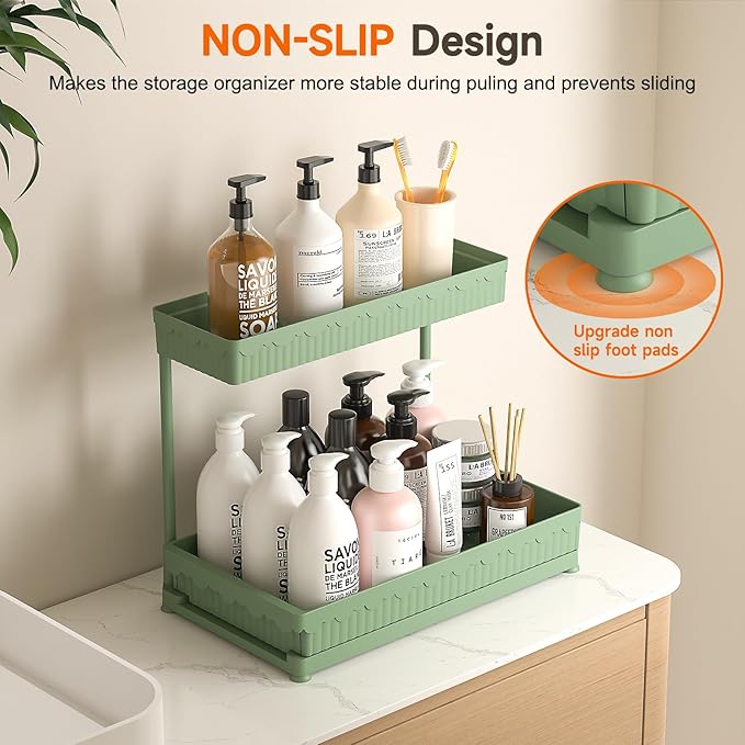 Sevenblue 3 Pack Multi-Purpose Under Sink Organizers and Storage, 2026 L-Shaped Pull Out Cabinet Organizer for Bathroom & Kitchen, Under Cabinet Organizer with Hooks Hanging Cup (Green, 12.85 inch)