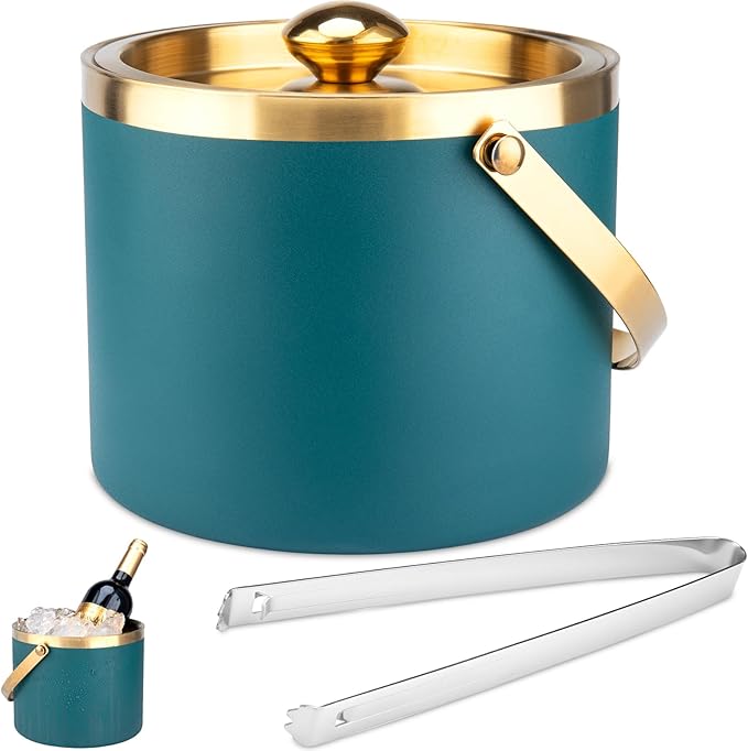 Ice Bucket, 3L Double-Wall Stainless Steel Insulated Ice Bucket With Lid and Ice-Tong, Ice-Buckets for Parties Home Bar, Chilling Beer, Champagne, Wine Bottle(Dark Green)