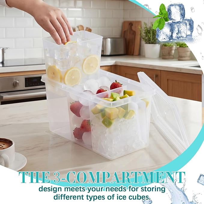 Havawish 3 Divided Ice Bin for Freezer Bucket Ice Container for Freezer with Lid and Scoop Set Ices Storage Container Plastic Clear Pull out Handle Organizer Cubes Cabinet, 10.83 x 5.91 x 6.1 Inches