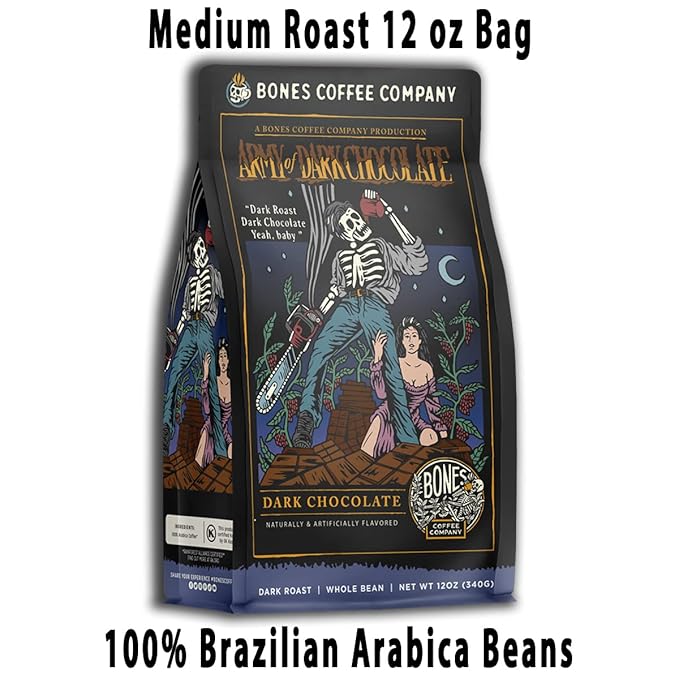 Bones Coffee Company Army of the Dark Chocolate Flavored Coffee, Medium Roast Low Acid Arabica Beans Compatible with Auto drip and French Press Coffee Maker, 12 Oz Ground