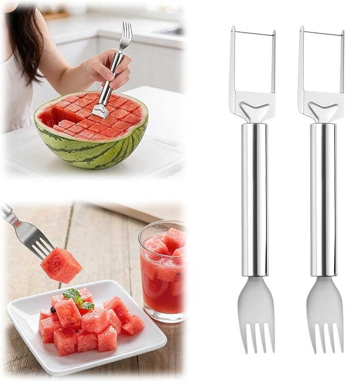 2-in-1 Stainless Steel Fruit Cutter, 2026 New Watermelon Fork Slicer Tool, Dual Head Watermelon Cutter Knife for Home Kitchen Gadget (2pcs)