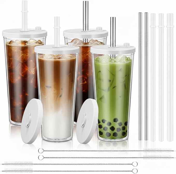 Honeydak 4 Pack 24 oz Reusable Iced Coffee Cups with Lids and Straws Leakproof Double Wall Insulated Clear Plastic Iced Coffee Tumblers with Straw Brushes
