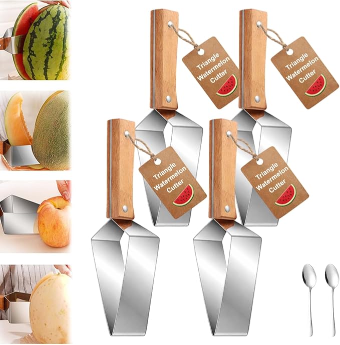 Triangle Watermelon Cutter – Stainless Steel Watermelon Slicer with Wooden Handle – Multi-Function Fruit Cutter Tool – Ideal for Watermelon, Pineapple, and Other Summer Fruits (4pcs)