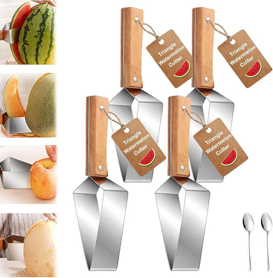 Triangle Watermelon Cutter – Stainless Steel Watermelon Slicer with Wooden Handle – Multi-Function Fruit Cutter Tool – Ideal for Watermelon, Pineapple, and Other Summer Fruits (4pcs)