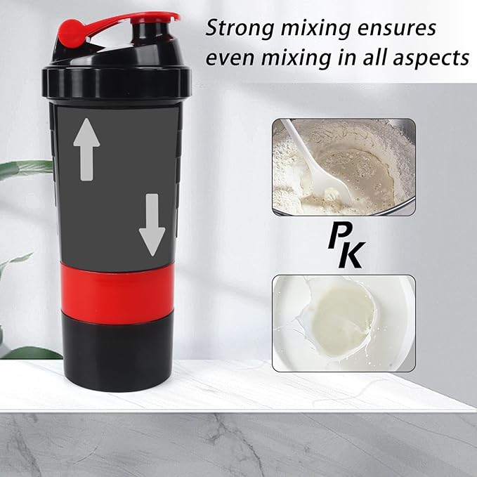 Shaker Bottle,16oz Protein Shaker Bottles with Mixing Ball, 3 in 1 Leak-proof GYM Shake Cup with Powder Storage & Pill Tray, Ideal for Workout,BPA Free（Red）