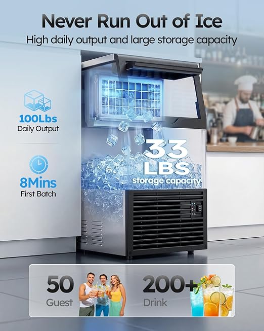 Commercial Ice Maker, 100lbs/24H with 33lbs Ice Storage Under Counter ice Machine, Stainless Steel Freestanding Ice Maker Self-Cleaning for Bar/Cafe/Restaurant