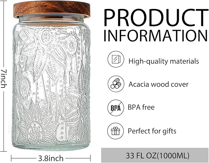 35oz/1000ml Glass Storage Jars with Nature Wood Lids, Airtight Food Storage Containers for Kitchen Organization, Large Capacity for Cookie, Pasta, Sugar, Flour, Cereal - Set of 2 （sunflower）