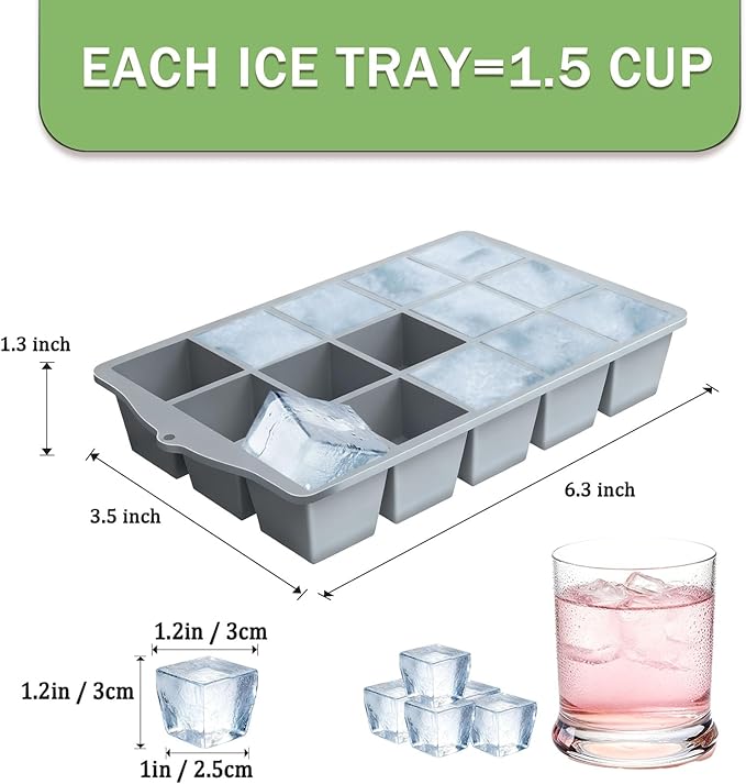 Ice Cube Trays for Freezer, 3 Pack Easy Release Slicone Ice Cube Tray with Lid, BPA Free Stackable Flexible Ice Mold 15 Square Reusable Ice Cubes for Whiskey, Baby Food, Ice Coffee (Grey+Blue+Green)