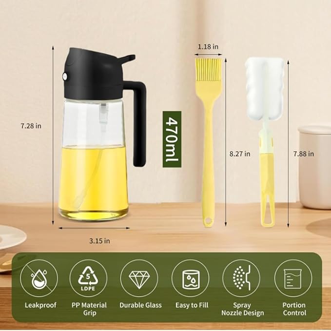Oil Sprayer and Dispenser 2-in-1, 16oz/470ml Glass Bottle with Flip Cap, Oil Mister for Cooking, Air Fryer, Grilling, Salad, Frying, BBQ, Black