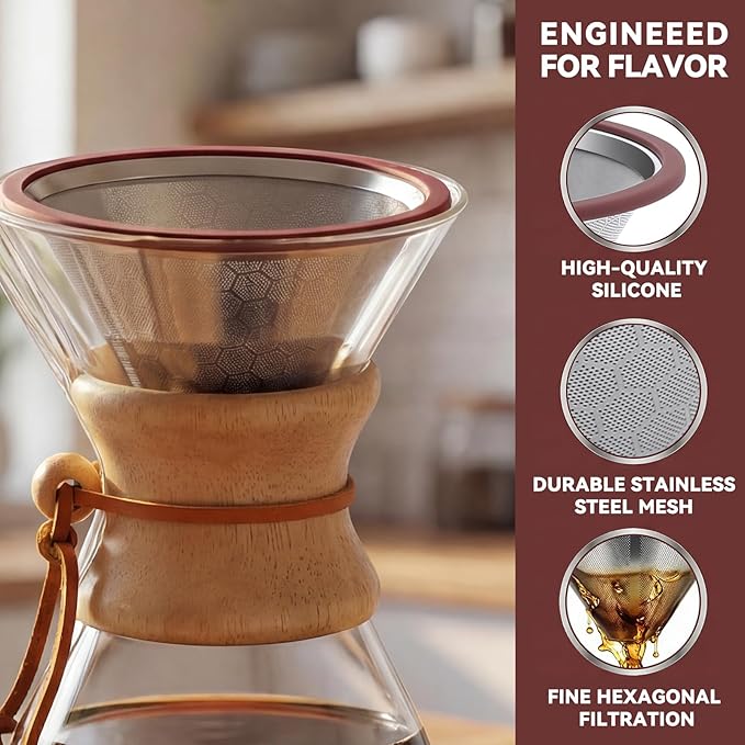 Coffee Filters Perfect Compatible for Chemex 6,8,10 Cup Glass Coffeemaker,Suitable for Bodum & Hario V60,Reusable Stainless Steel Coffee Dipper -Best Coffee Maker and Bar Accessories