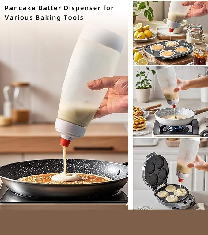 Pancake Batter Dispenser & Mixer with BlenderBall Whisk, 2-Pack 33oz Leak-Proof Squeeze Bottles with Base for Pancakes, Crepes, Waffles, Muffins & Cupcakes