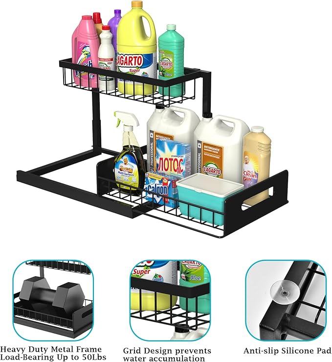 REALINN Under Sink Organizer, L-Shaped 2 Tier Pull Out Cabinet Organizer for Kitchen and Bathroom, Slide Out Under Cabinet Storage, Metal Under Sink Storage with Sliding Drawer, 50 lbs, Black 2 Pack