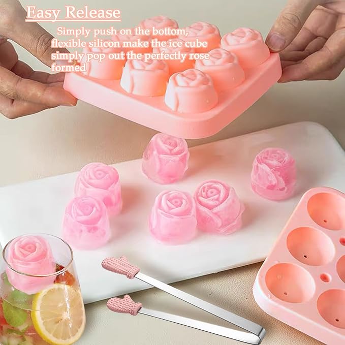 Ice Cube Mold with Lid, Silicone Rose Ice Cube Tray with Mini Tongs, Rose Ice Cube Trays for Freezer, Easy Release Ice Trays Maker, Make 9 Ice Ball Maker Mold Flower Ice Tray Mold for Cocktail