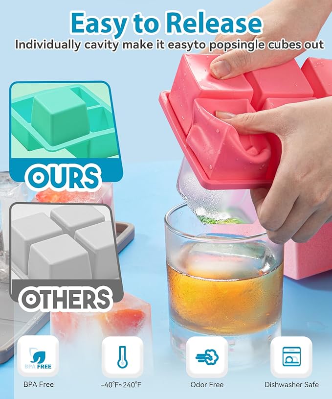 2-Pack Large Ice Cube Trays, Lxndaser 2 Inch Silicone Ice Cube Molds With Lid For Whisky, Leakproof Stackable Design Big Square Silicone Ice molds for Iced Coffee, Bourbon, Scotch,soup