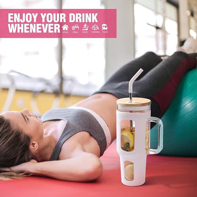 WINSA Glass Tumbler with Lid and Straw, 46 oz Iced Coffee Cup with Handle, Large Water Bottles with Silicone Sleeve, Glass Cup with Straws - Pearl Straw & Drinking Straw BPA Free-CottonPink