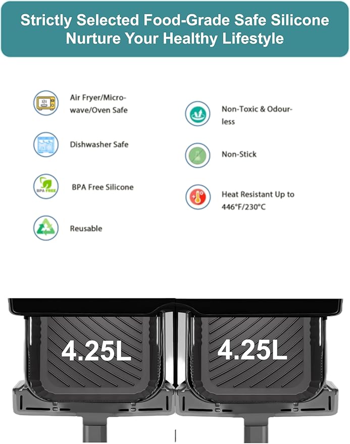 Szyeequoo Silicone Air Fryer Liners 2 Pack for Ninja Dual Zone, 1 Perforated and 1 Solid, Rectangle Reusable Liners for DZ201 DZ401 DZ550 DZ302, COSORI 9QT Instant Chefman Dual Basket Air Fryers