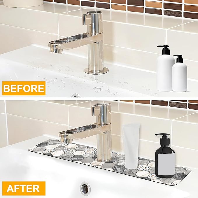 2 Pack Hexagon Marble Sink Splash Guard Faucet Mat Gold Glitter Lines Marble Super Absorbent Fast Drying Mat Sink Gadgets-Splash Guard Behind Faucet Drip Catcher for Kitchen Bathroom, 23.5"x5.5"