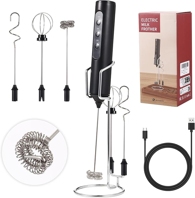 Rechargeable Handheld Milk Frother with Stand, 3 Speeds 3 Detachable Stainless Steel Whisks Electric Drink Mixer, Coffee Mixer for Lattes Cappuccino Matcha Eggs, Kitchen Gifts