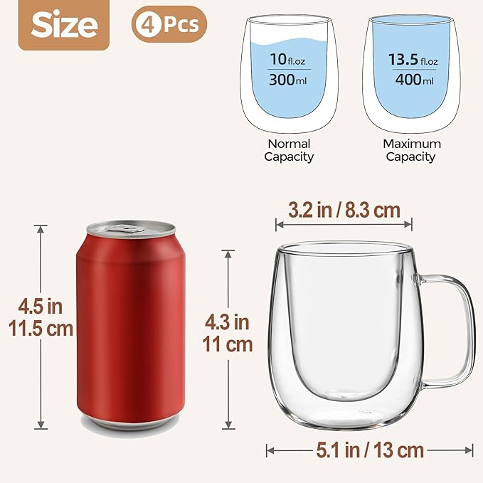 12 OZ Glass Coffee Mug Pack of 4, Double Wall Glass Mug with Handle Insulated Clear Glass Coffee Cup for Espresso, Cappuccino, Latte, Americano, Tea
