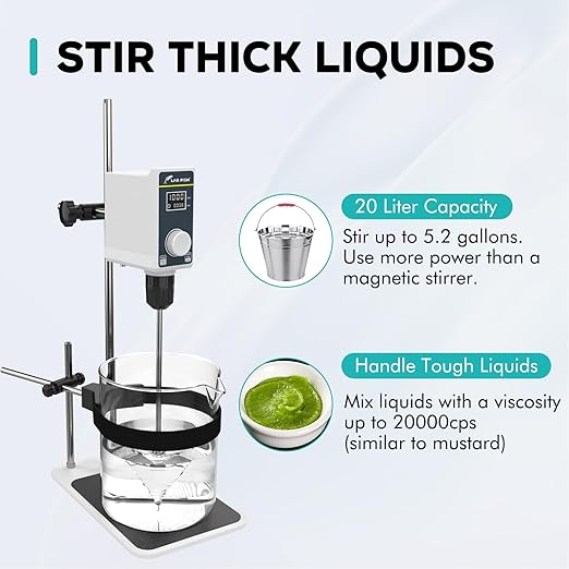 LAB FISH Overhead Stirrer Lab Stirrer | Stirring Rod and Stainless Steel Stand | Mixer Adjustable Speed 100-1500RPM Capacity 20L 20000 mPas Timing 1min-24h AC 100-240V 50W