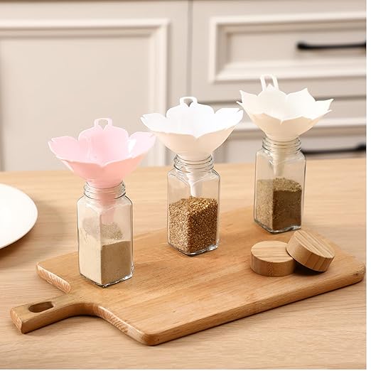 LemonRoad 4pcs Different Flower Plastic Kitchen Funnel Hangable Multi Purpose Pink White Lotus Cherry Blossom Shape Kitchen Funnels for Filling and Transferring Liquids, Spices, Particles