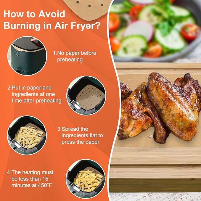 Numola 100 Pcs Air Fryer Liners Disposable Parchment Paper, 10 Inch Perforated Airfryer Sheets for Baking, Square Unbleached Non-Stick Steamer Liner for Oven, Microwave, Steaming Basket