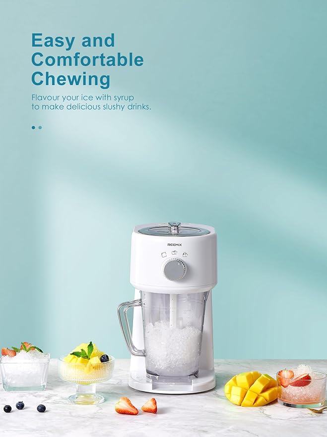 Reemix Shaved Ice Machine, Electric Ice Shaver and Snow Cone Machine with Large Capacity Storage, Portable Ice Crusher Ice Thickness Can be Adjusted (White)