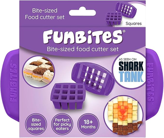 FUNBITES Crustless Sandwich Cutter for Kids Lunch (2-piece set), Uncrustable Sandwich Cutter, Bite-Size Food Cutter for Toddlers, Bento Box Accessories, BPA-FREE Dishwasher Safe, Purple Squares 1pk