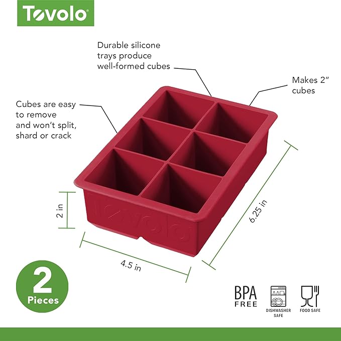 Tovolo Large 2” King Cube Ice Tray Cayenne Red Ice Cube Trays for Whiskey Cocktails Smoothies, Big Square Ice Cube Mold Silicone Freezer Tray for Perfect Rock Cubes BPA Free Dishwasher Safe