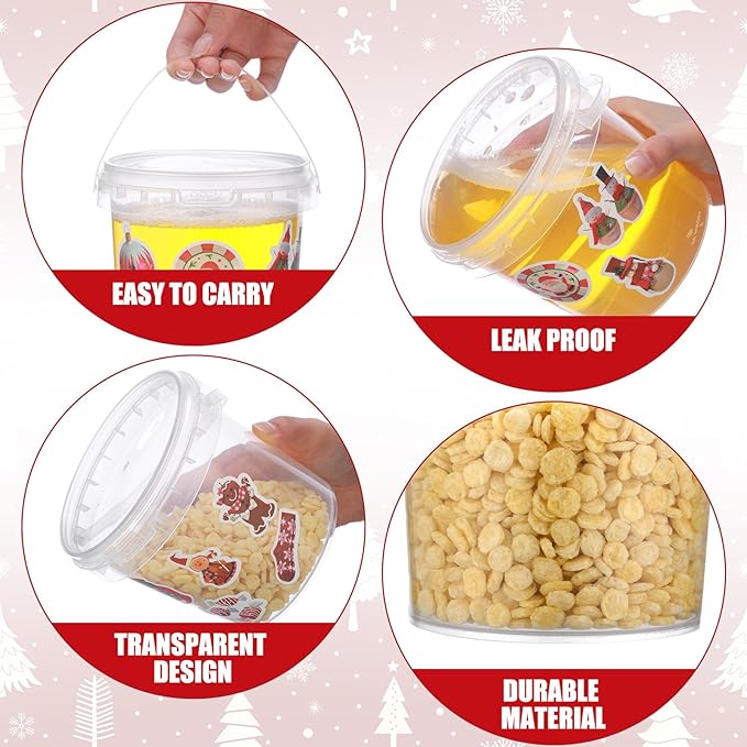 PerKoop 20 Pcs 32 oz Ice Cream Buckets with Lids and Handles Clear Cocktail Rum Buckets with Stickers Plastic Transparent Tub Reusable Food Storage Containers for Parties(Xmas)