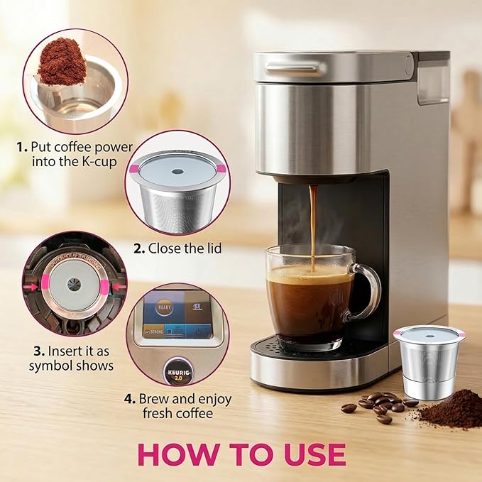 Reusable K Cups for K eurig 1.0 & 2.0 Coffee Makers, 1-Hole Stainless Steel Reusable Coffee Pods, Refillable K Cup Filter for K-Mini/Express/Classic/Elite, Leak Proof, BPA Free, Easy to Clean, 2 Pack